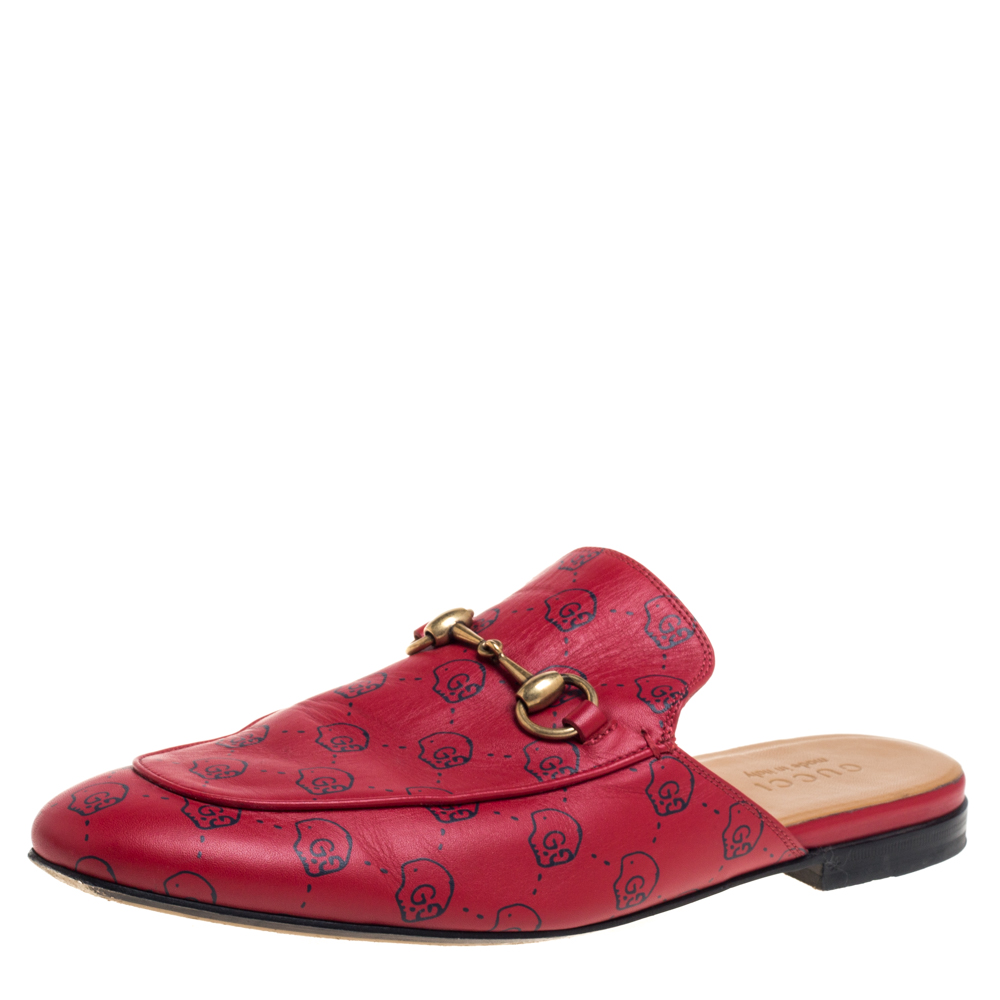 Pre-owned Gucci Red Gg Ghost Print Leather Princetown Horsebit Mules Size 42.5