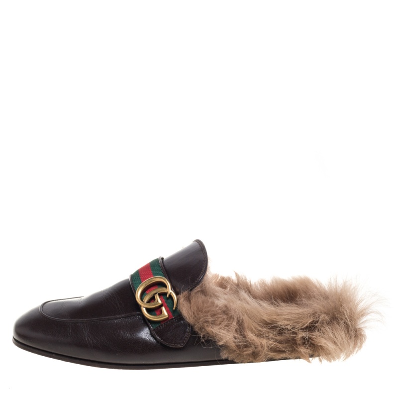 

Gucci Brown Leather And Fur Lined GG Web Princetown Mules Size
