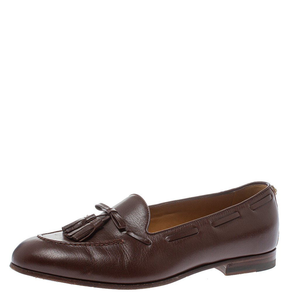 Pre-owned Gucci Brown Leather Tassel Loafers Size 41