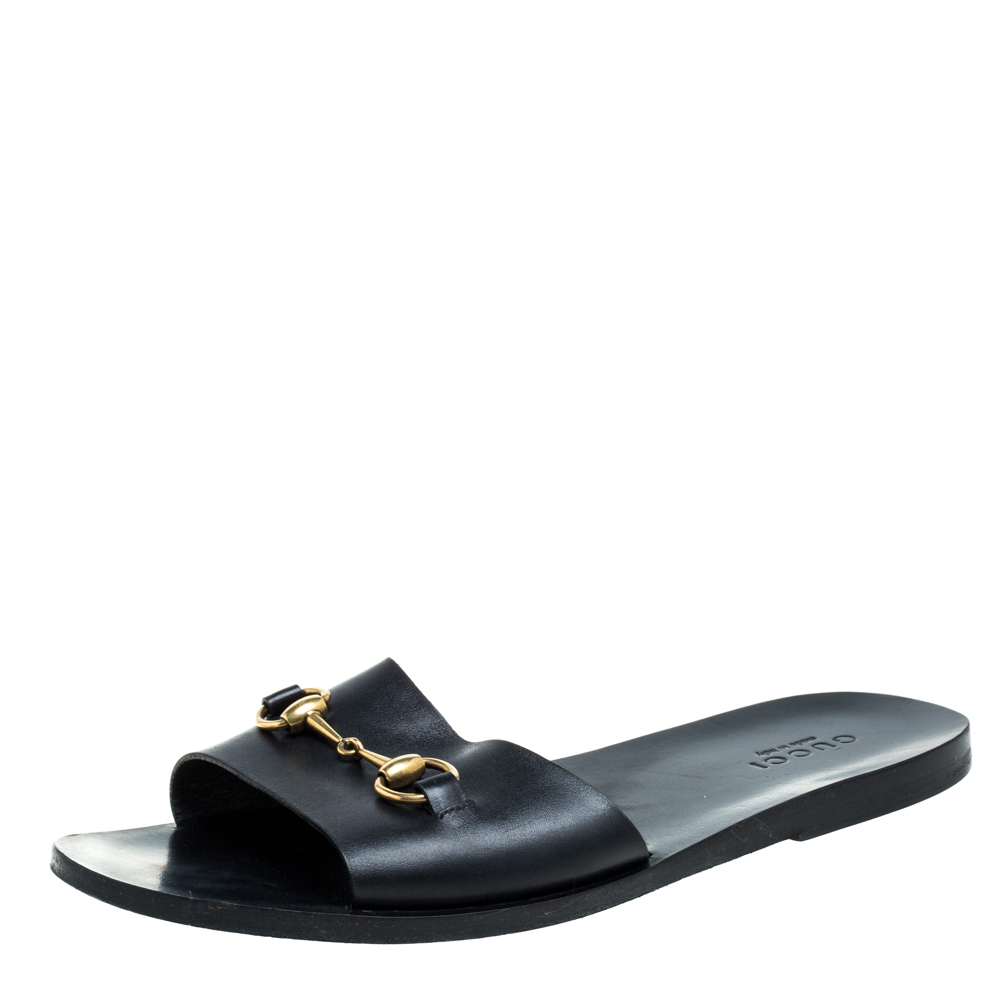 Pre-owned Gucci Black Leather Horsebit Slides Sandals Size 43.5