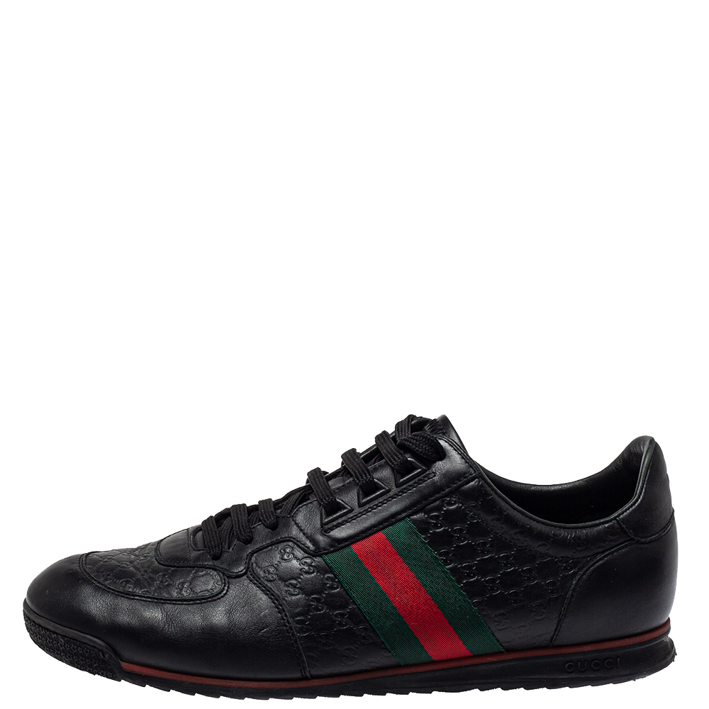 

Gucci Black Guccissima Leather Web Detail Lace Up Sneaker Size