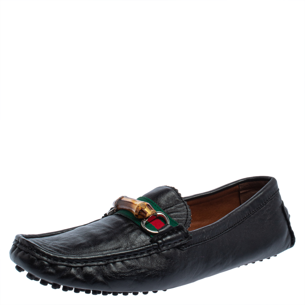 Pre-owned Gucci Black Leather Bamboo Horsebit Slip On Loafers Size 43