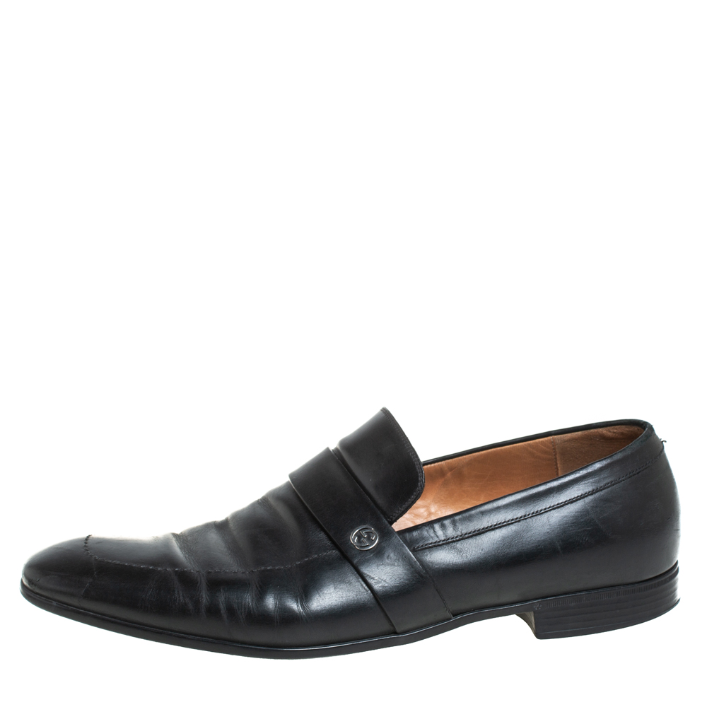 

Gucci Black Leather GG Interlocking Slip On Loafers Size