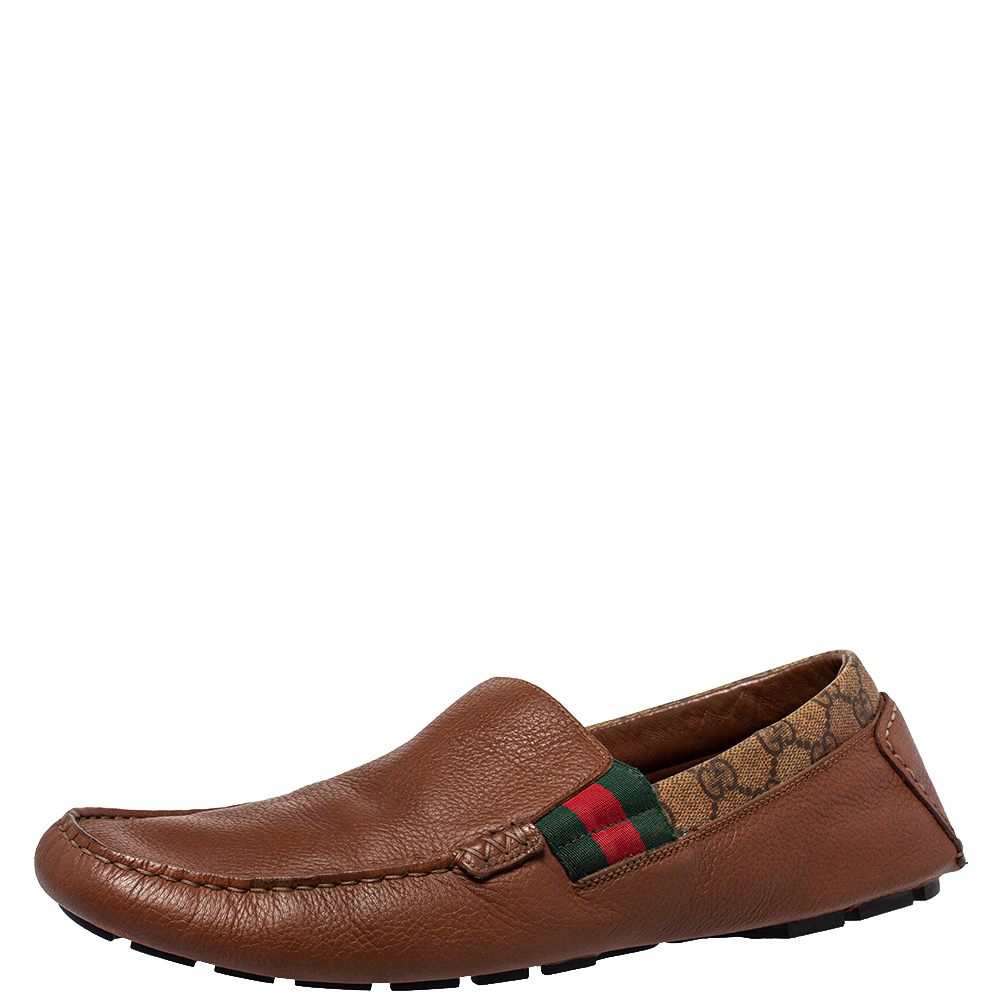 

Gucci Brown Leather And GG Coated Canvas Slip On Loafers Size