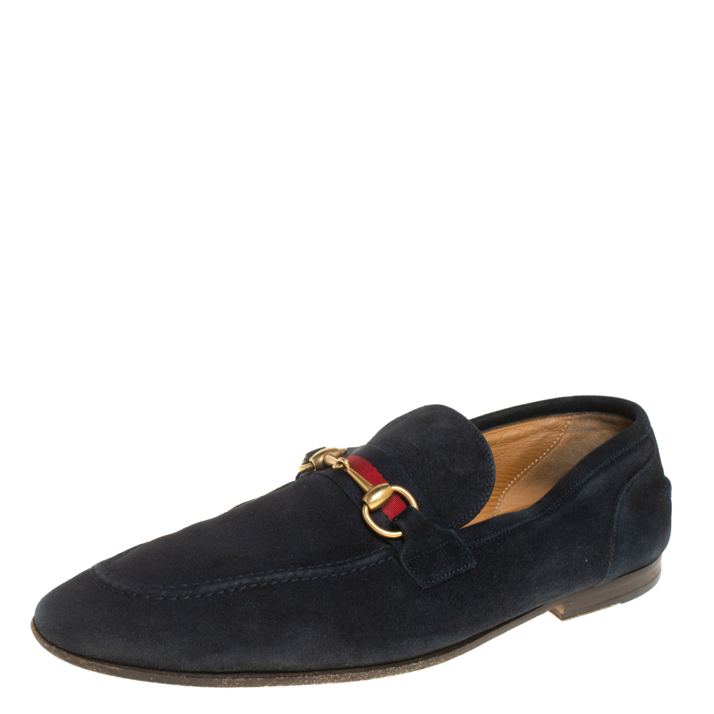 Pre-owned Gucci Blue Suede Horsebit Loafers Size 43.5