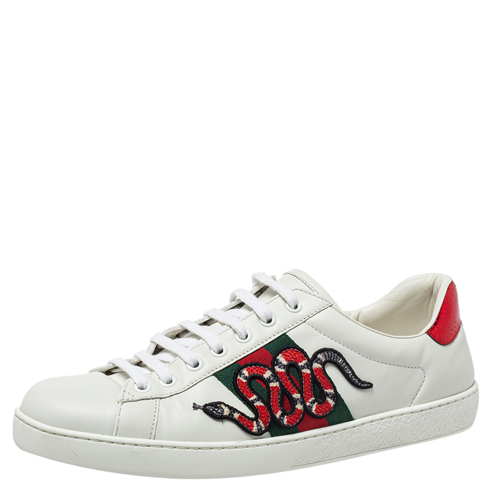 Pre-owned Gucci White Leather Ace Snake Embroidered Low Top Trainers Size 43