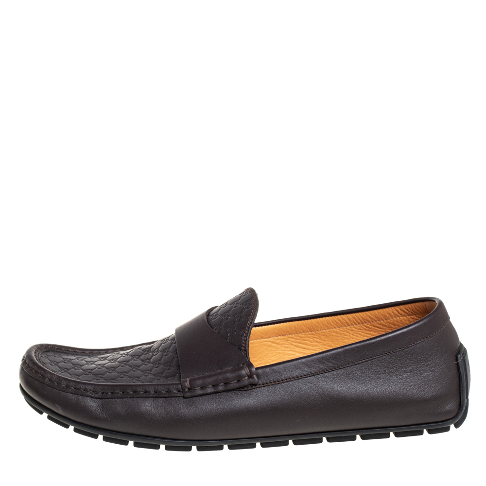 

Gucci Dark Brown Micro Guccissima Leather Slip On Loafers Size