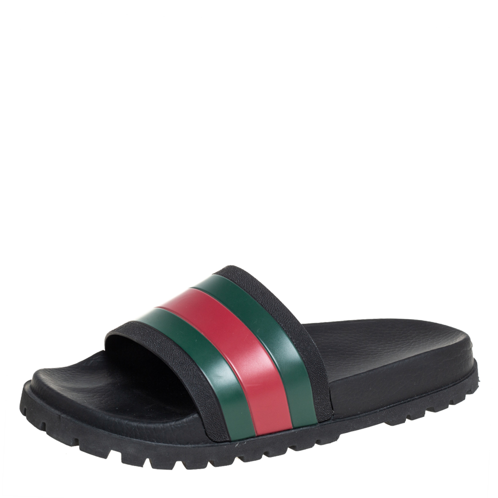 Pre-owned Gucci Black Rubber Web Slide Sandals Size 44