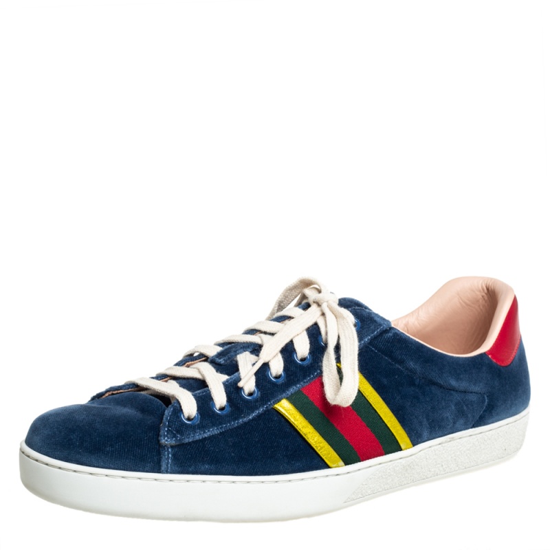 Pre-owned Gucci Blue Velvet And Leather Web Ace Sneakers Size 45