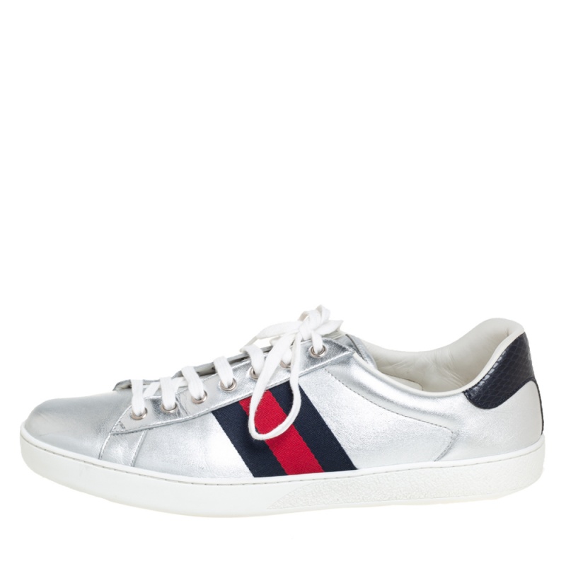 

Gucci Silver Leather Ace Web Detail Low Top Sneakers Size