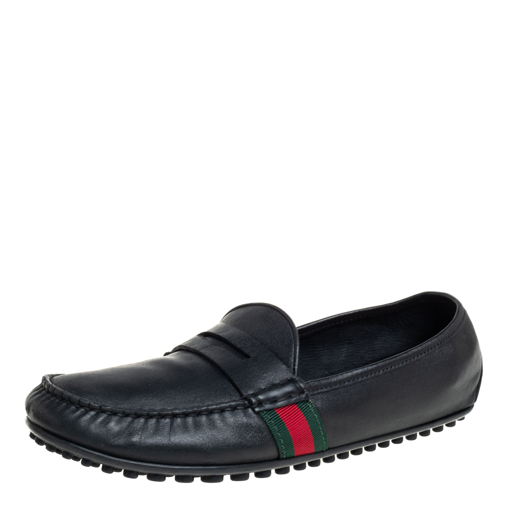 Pre-owned Gucci Black Leather Slip On Loafers Size 42.5