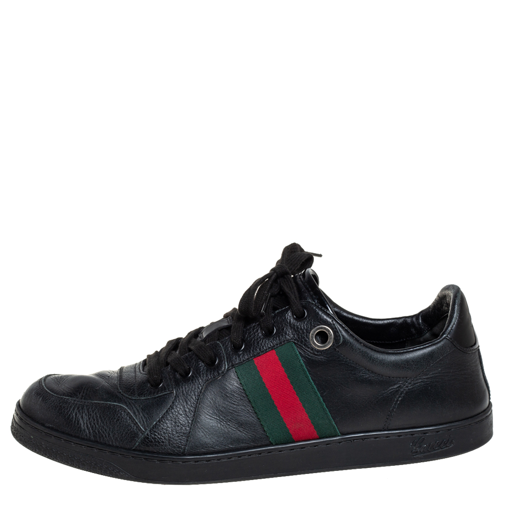 

Gucci Black Leather Web Detail Low Top Sneakers Size
