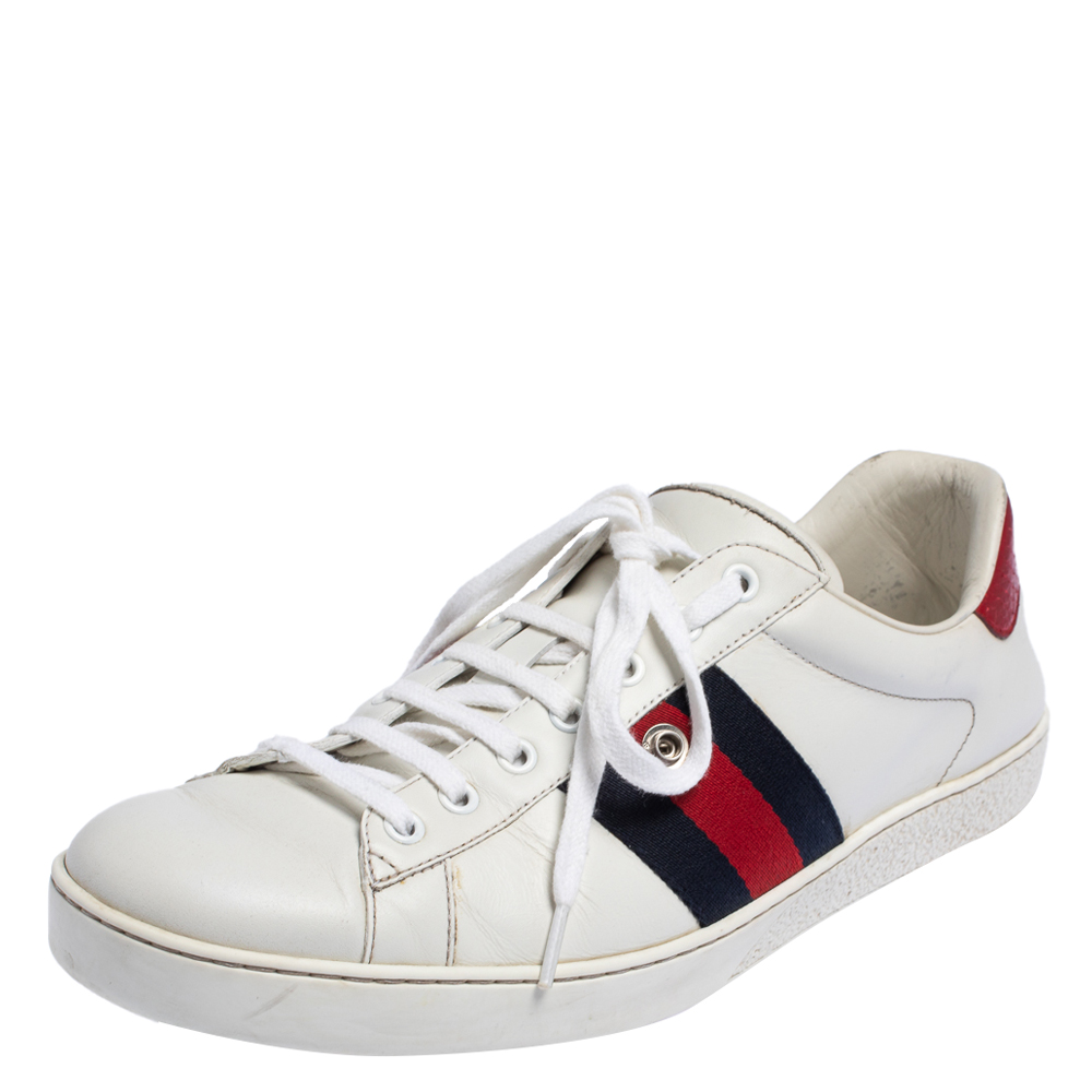 Pre-owned Gucci White Leather Web Ace Low Top Sneakers Size 44