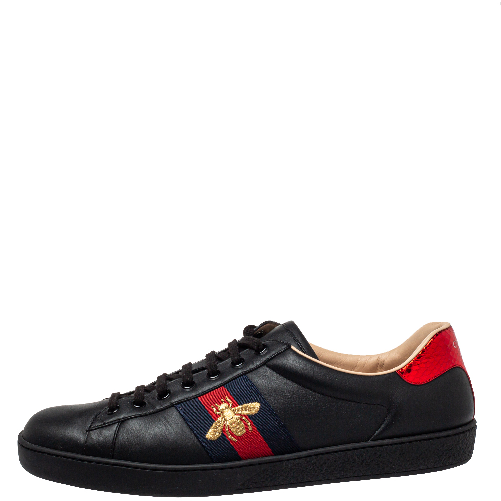 

Gucci Black Leather Ace Web Low Top Sneakers Size