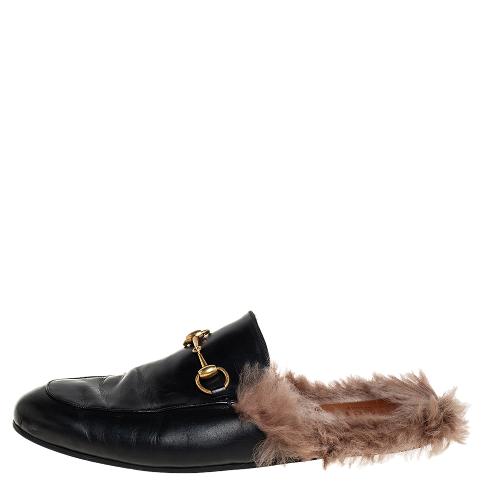 

Gucci Black Leather And Fur Princetown Mules Size