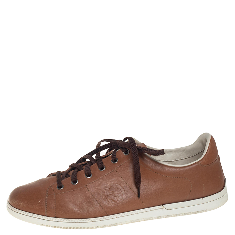 

Gucci Brown Leather Interlocking GG Lace Up Sneakers Size