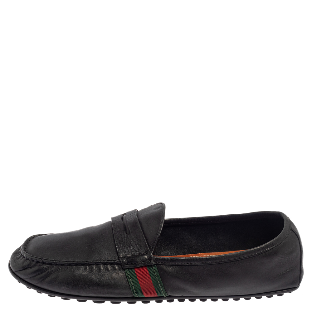 

Gucci Black Leather Web Detail Loafers Size