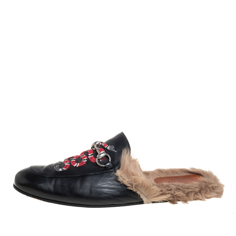 

Gucci Black Snake Embroidered Leather and Fur Lined Princetown Mules Size