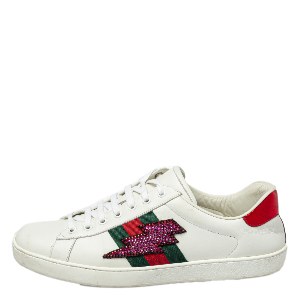 

Gucci White Leather And Canvas Crystal Embellished Lightning Bolt Ace Low Top Sneakers Size