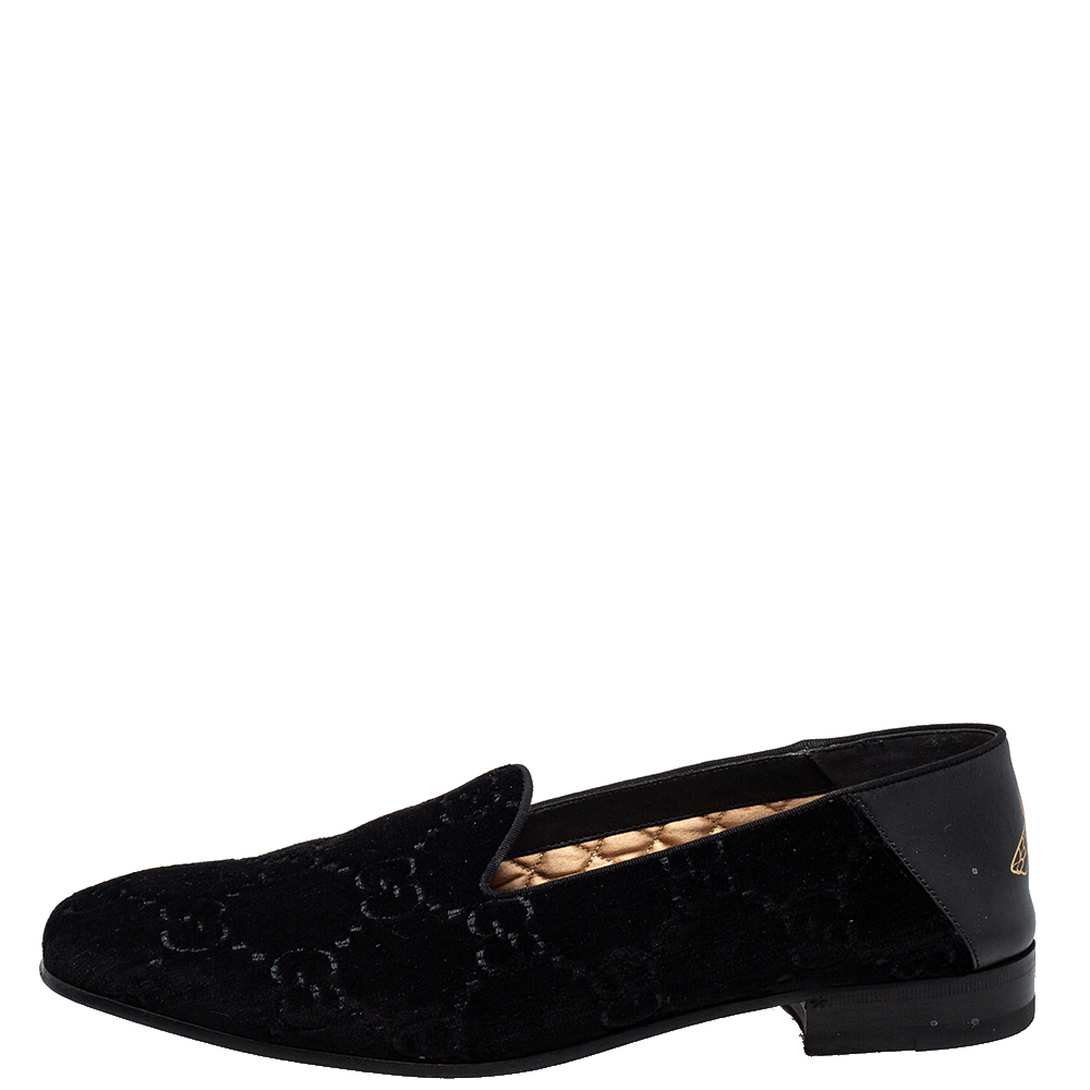 

Gucci Black Guccissima Velvet And Leather Bee Print Smoking Slippers Size