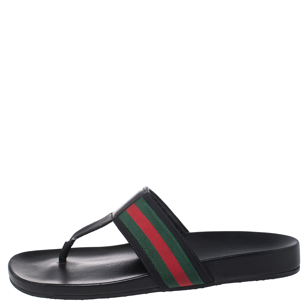 

Gucci Black Leather Web Detail Thong Flats Size