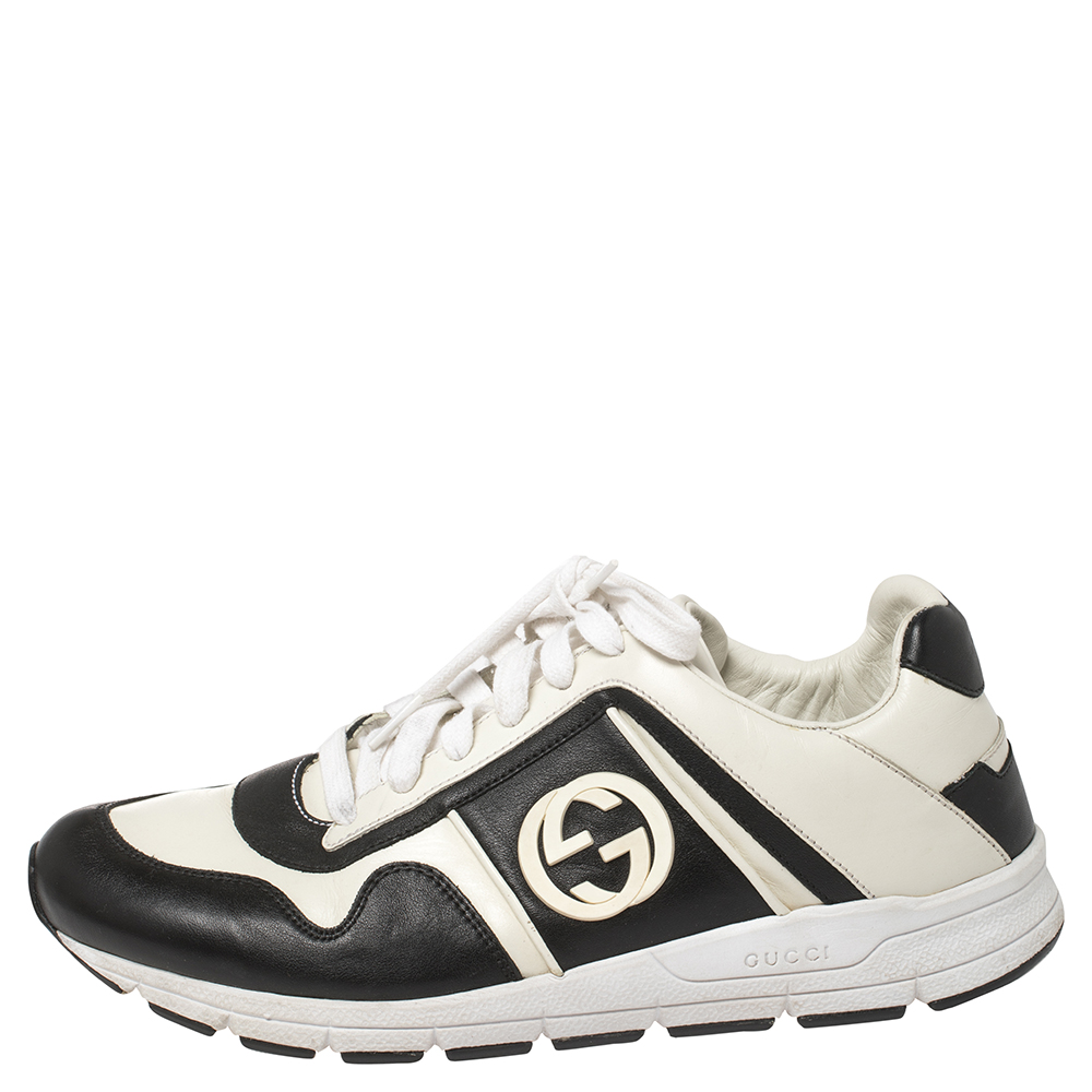 

Gucci Black/White Leather Interlocking GG Lace Up Low Top Sneakers Size