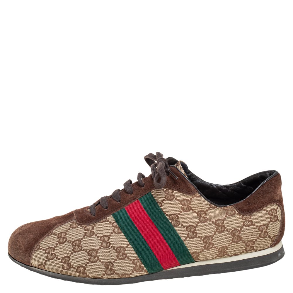 

Gucci Beige/Brown GG Canvas and Suede Classic Web Low Top Sneakers Size