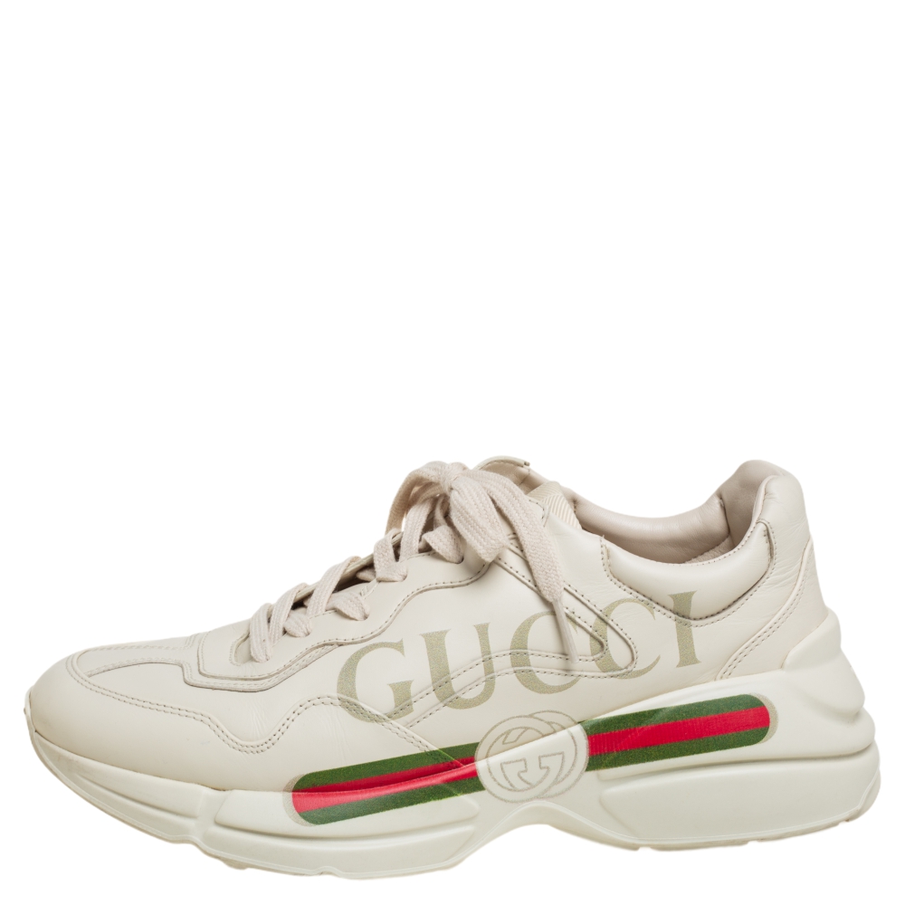 

Gucci Cream Leather Rhyton Logo Low Top Sneakers Size