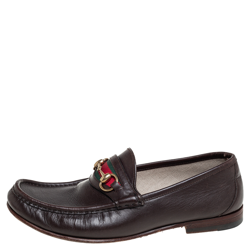

Gucci Brown Leather Web Horsebit Slip On Loafers Size