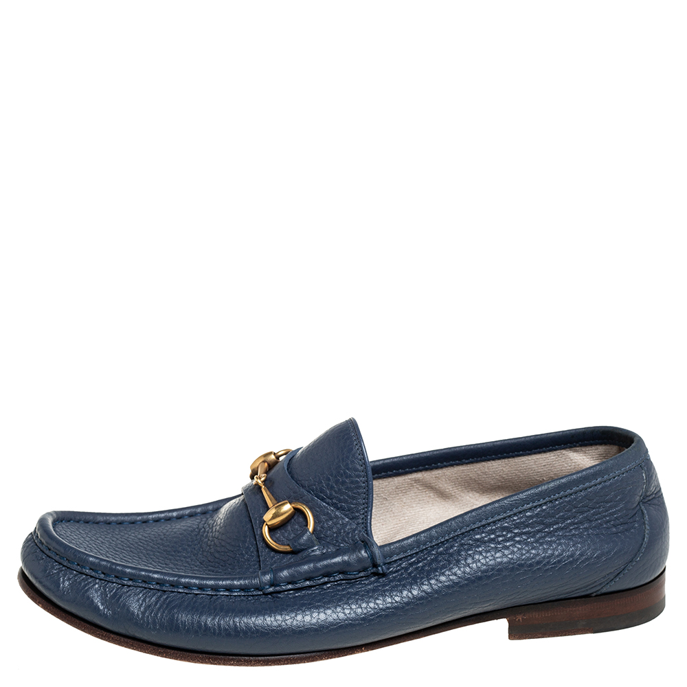 

Gucci Blue Leather Horsebit Slip On Loafers Size
