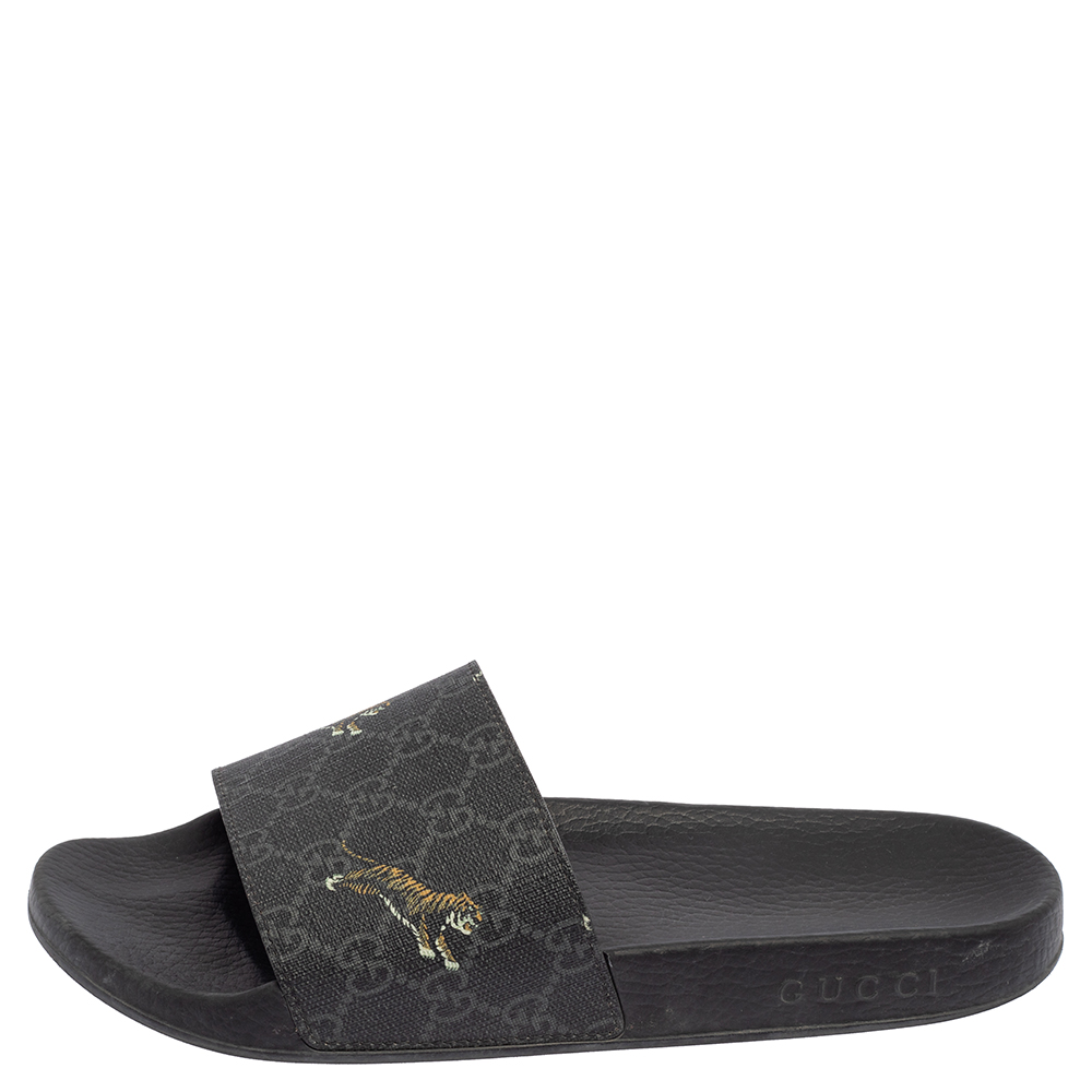 

Gucci Black GG Canvas Tiger Flat Slides Size