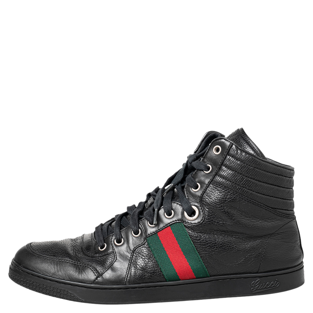 

Gucci Black Leather Web High Top Sneakers Size