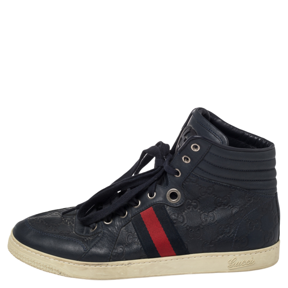 

Gucci Blue Guccissima Leather Web Detail High Top Sneakers Size