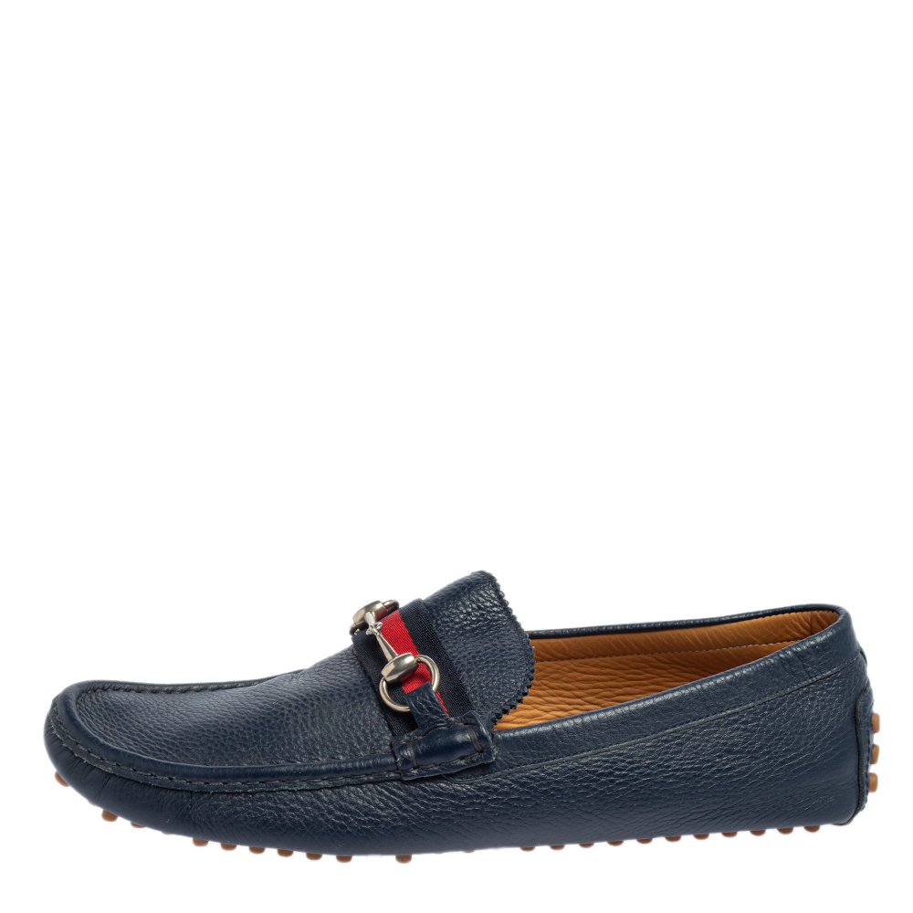 

Gucci Blue Leather Horsebit Web Detail Driver Loafers Size, Navy blue
