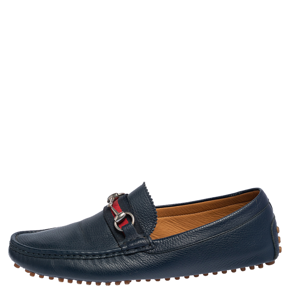 

Gucci Navy Blue Leather Horsebit Slip On Loafers Size