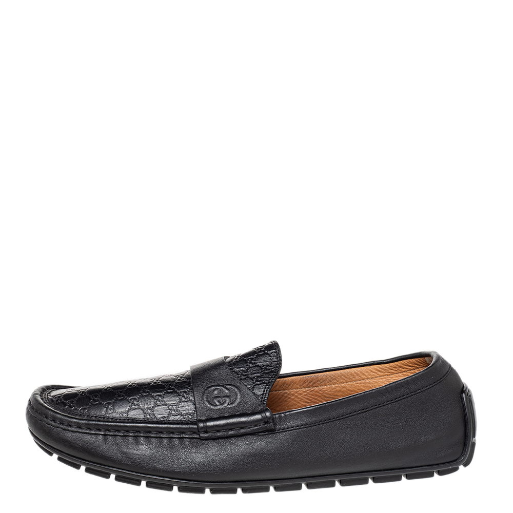 

Gucci Black Guccissima Leather GG Slip On Loafers Size