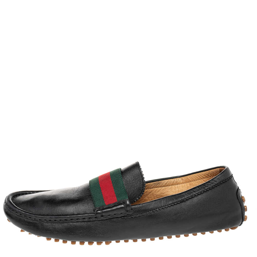 

Gucci Black Leather Web Trim Slip On Loafers Size