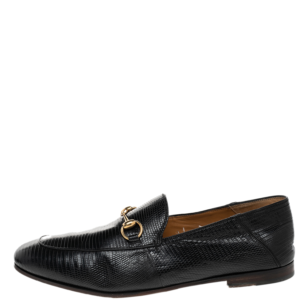 

Gucci Black Lizard Embossed Leather Horsebit Slip On Loafers Size