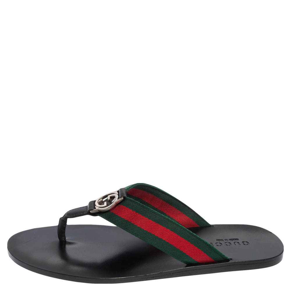 

Gucci Black Leather And Web Strap Interlocking "GG" Thong Sandals Size