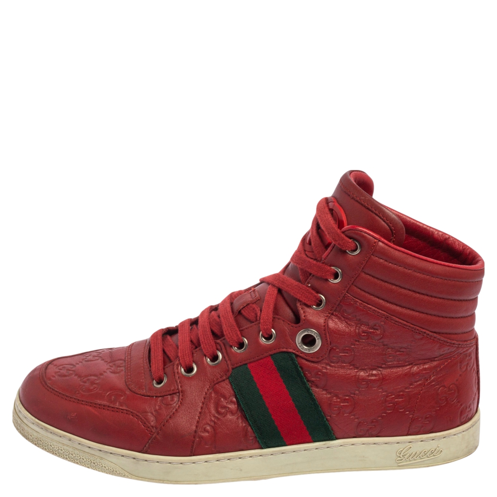 

Gucci Red Guccissima Leather Web Detail High Top Sneakers Size