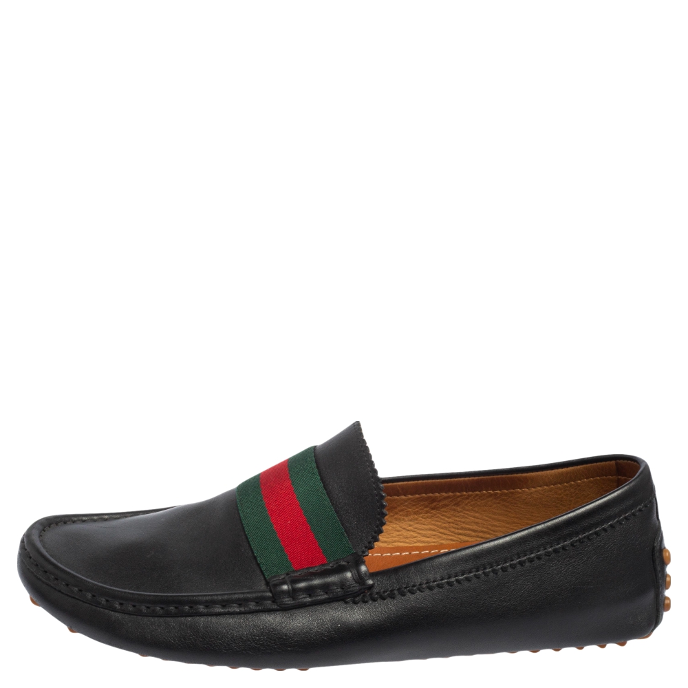 

Gucci Black Leather Web Trim Loafers Size