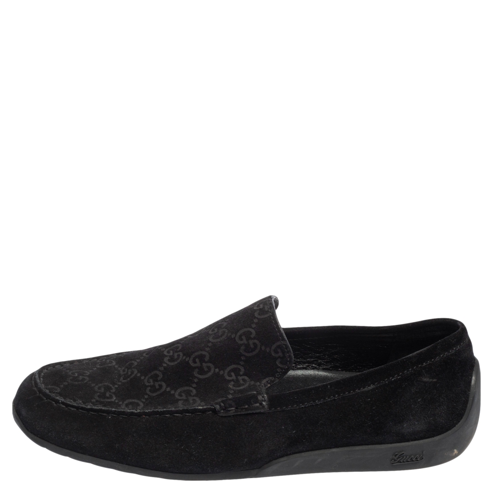 

Gucci Black GG Suede Slip On Driving Loafers Size