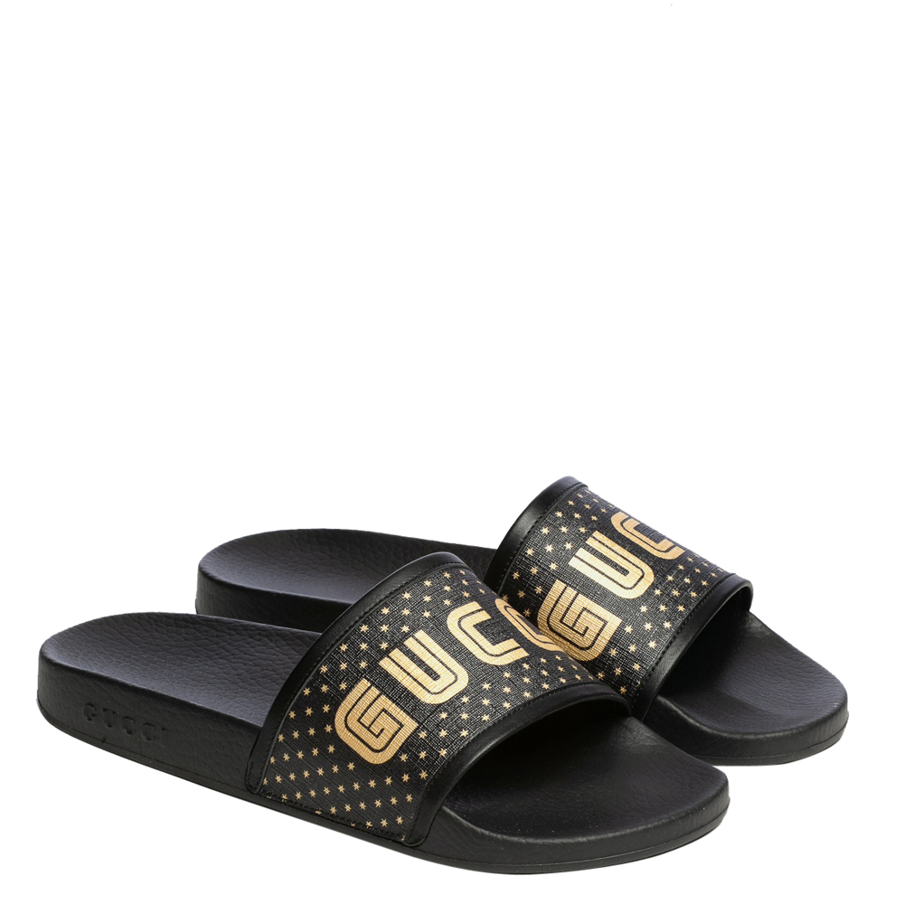 

Gucci Black/Gold Guccy Slide Coated Canvas Slides Size EU