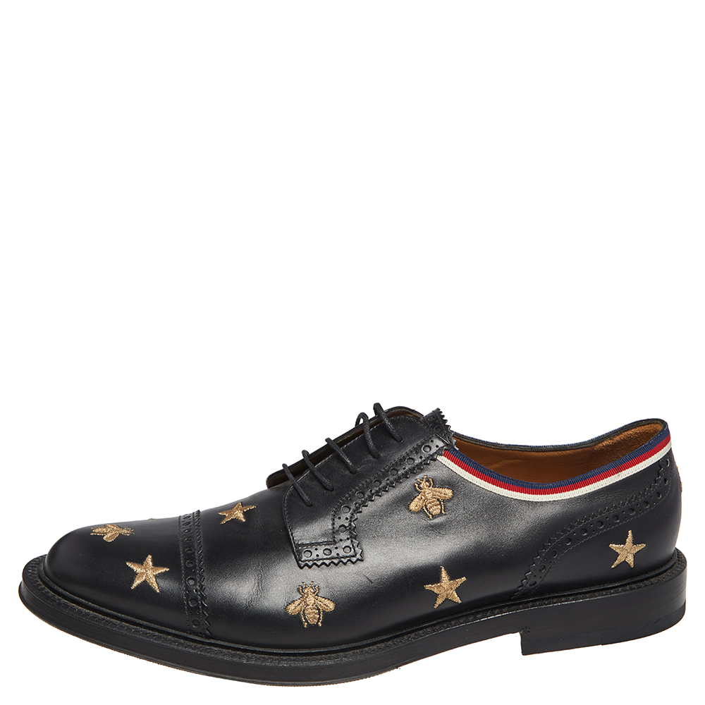 

Gucci Black Leather Star Embroidered Lace Up Derby Size