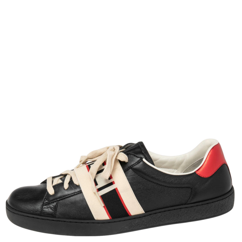 

Gucci Black Leather Ace Stripe Low Top Sneakers Size