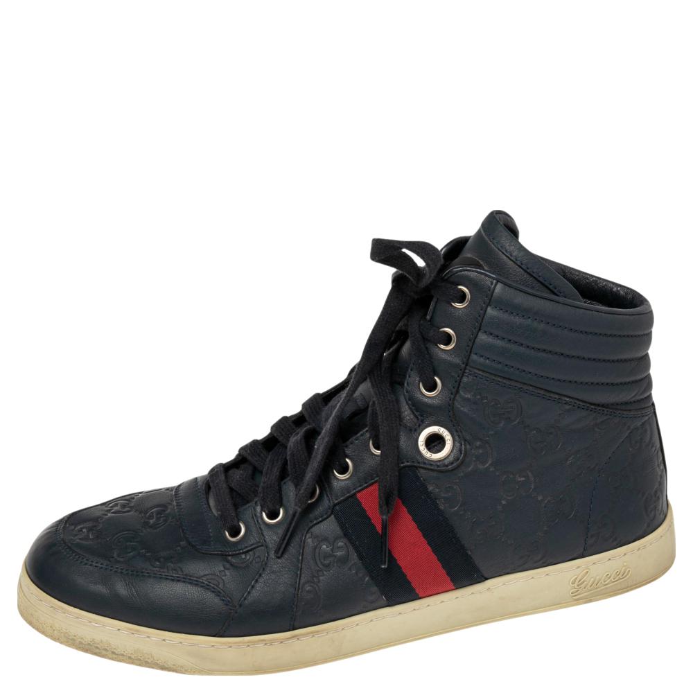 

Gucci Navy Blue Guccissima Leather Web Detail High Top Sneakers Size