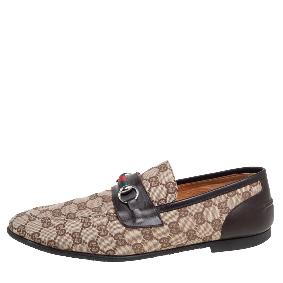 

Gucci Brown/Beige GG Canvas And Leather Horsebit Web Slip On Loafers Size