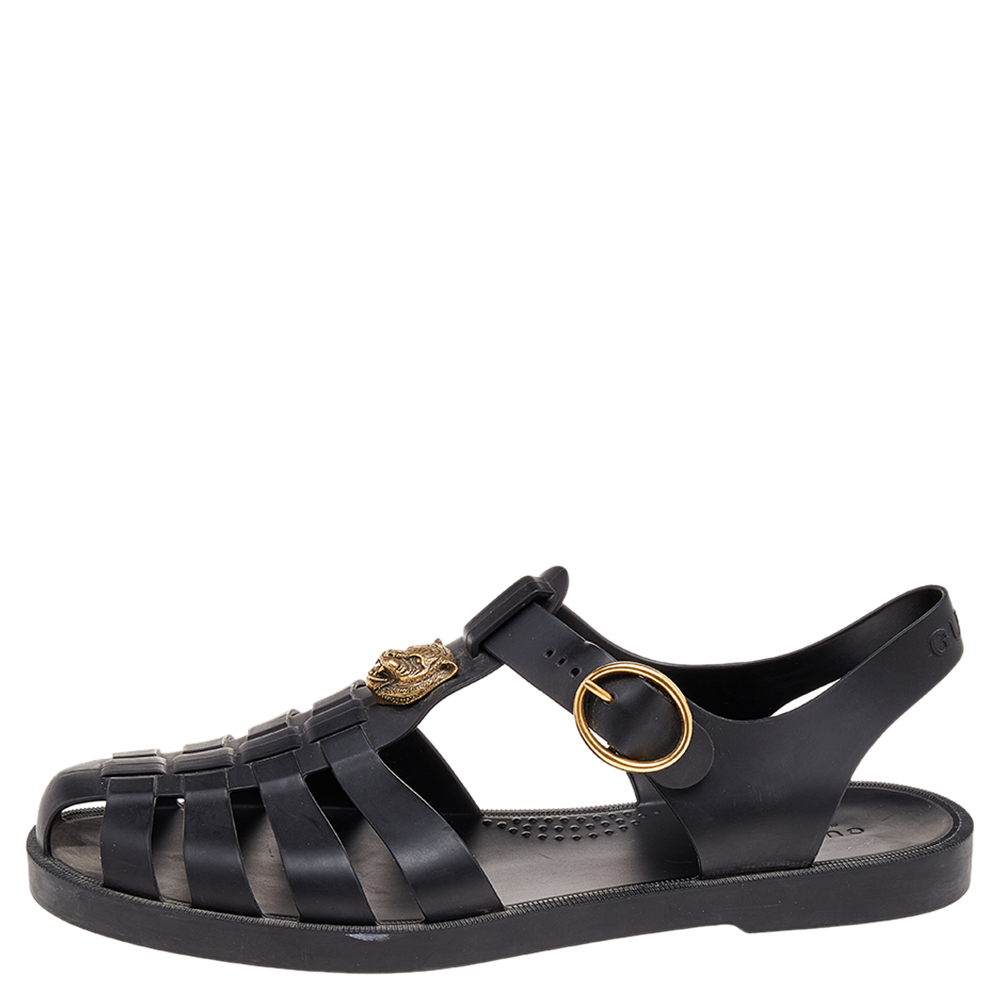 

Gucci Black Rubber GG Marmont And Tiger Embellished Buckle Strap Sandals Size