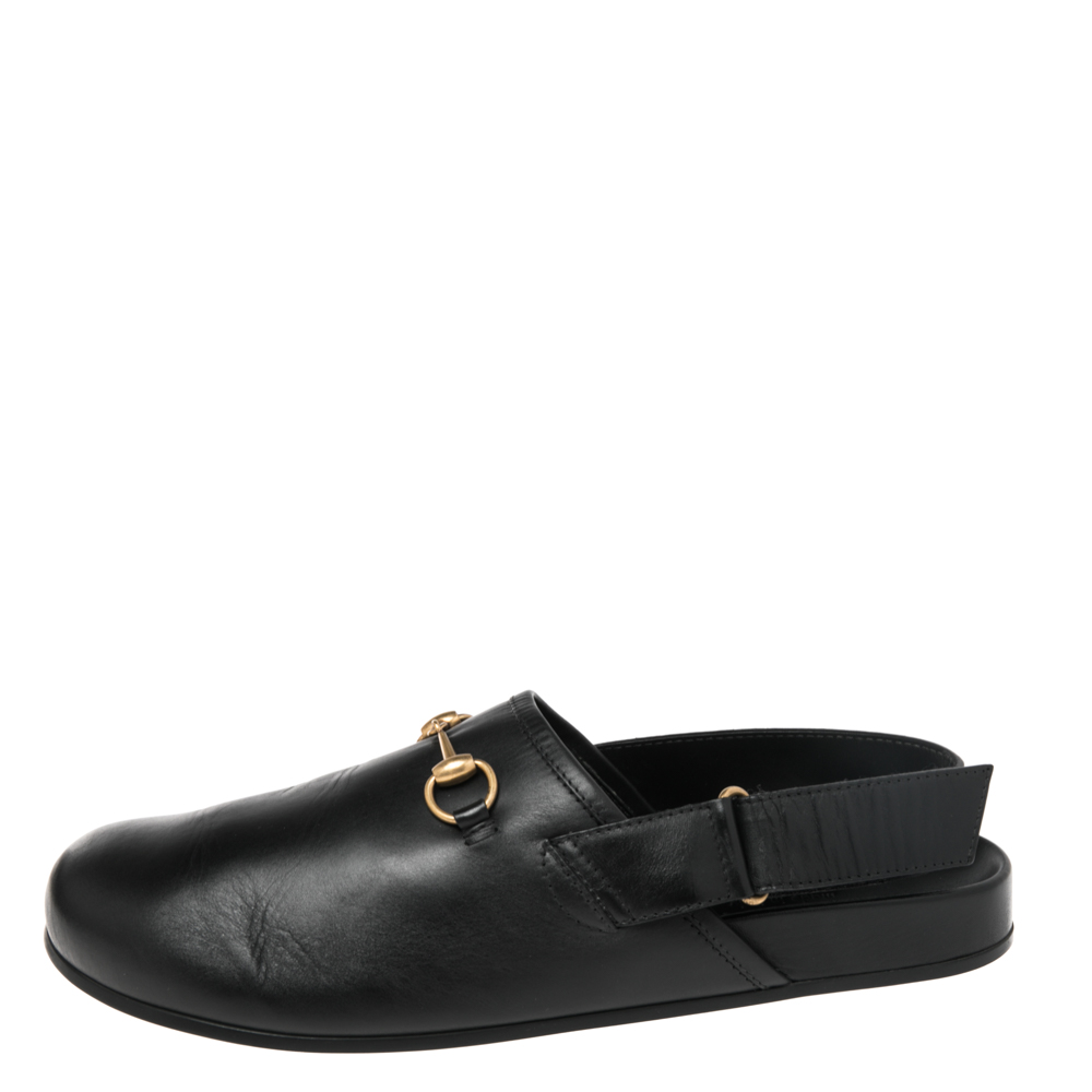 

Gucci Black Leather River Sling Horsebit Mule Sandals Size