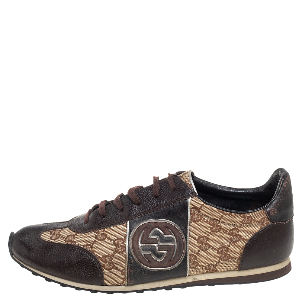 

Gucci Brown/Beige GG Canvas and Leather Interlocking G Sneakers Size